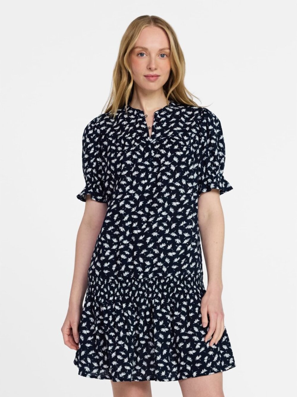 Navy Blue Floral Print Cotton Summer Dress Puff Sleeve Sz S, Sz 4,6 Time and Tru